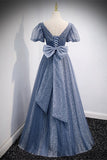 Princess Blue A-line Polk Dots Bow Long Prom HZ0307