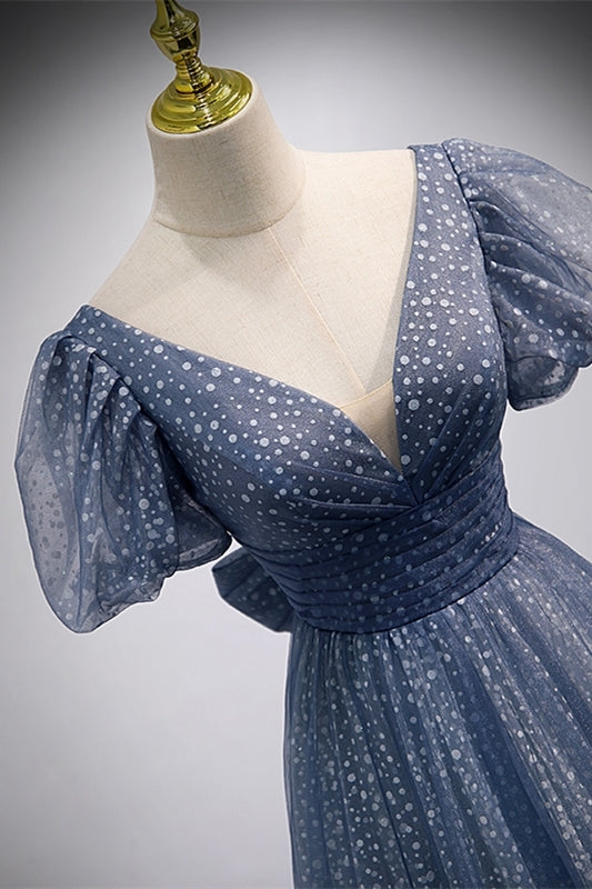 Princess Blue A-line Polk Dots Bow Long Prom HZ0307