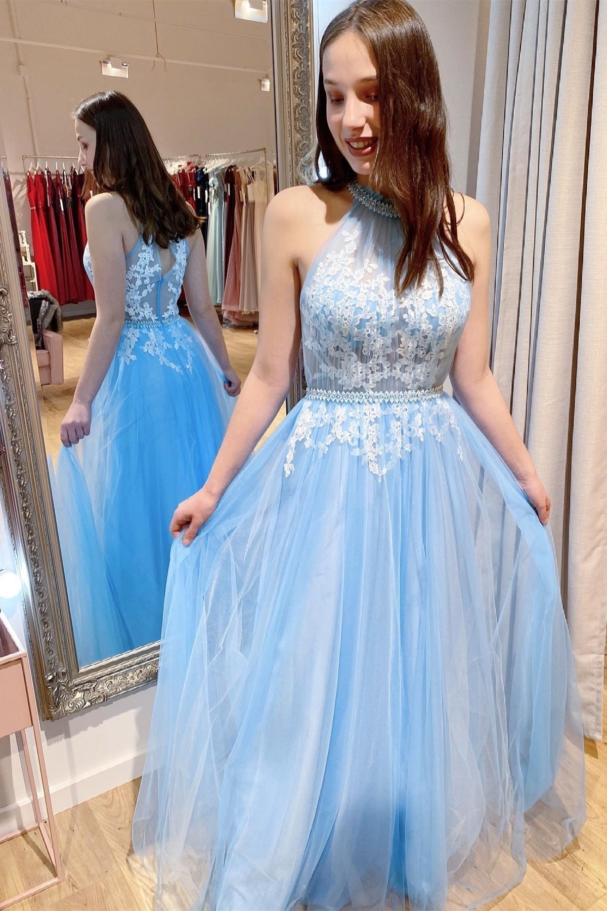 Princess High Neck Blue and White Lace Long Prom HZ0307