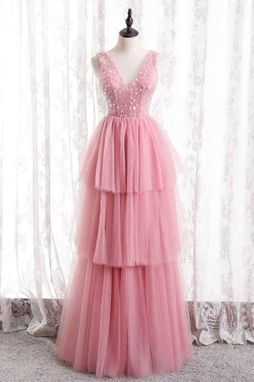 Princess Pink Tiered Tulle Long Formal HZ0307