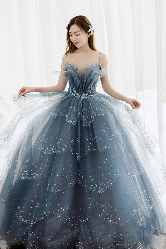 Princess Straps Blue Beaded Layers Long Formal HZ0307