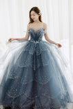 Princess Straps Blue Beaded Layers Long Formal HZ0307