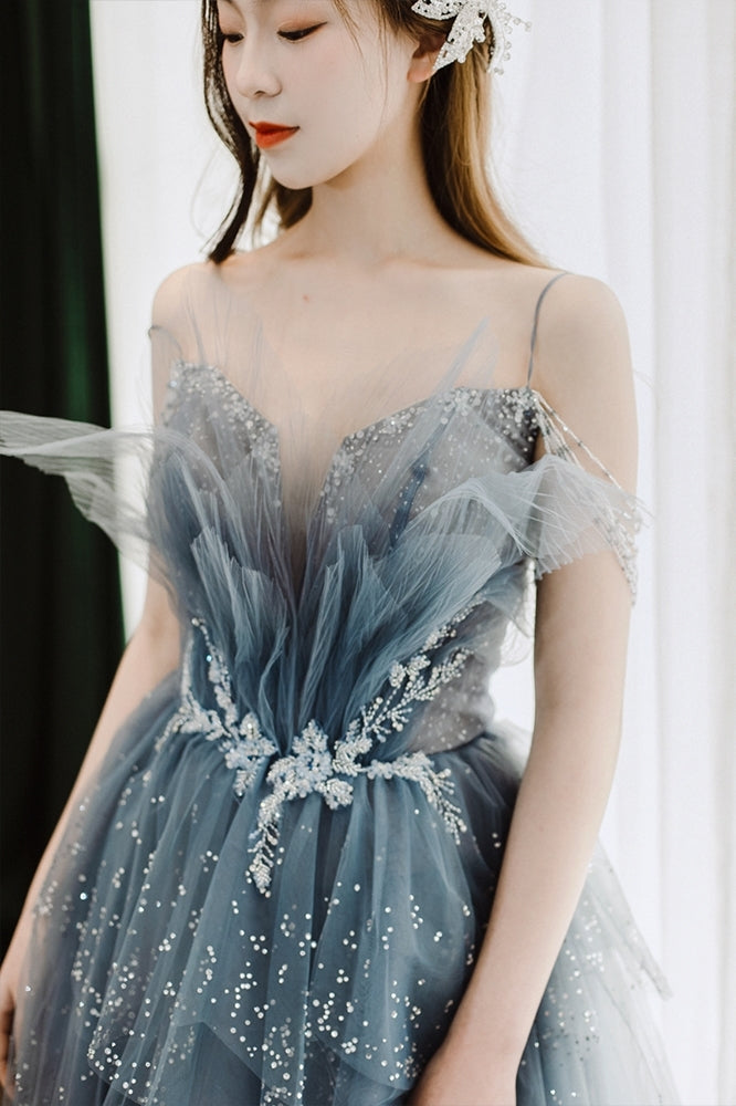 Princess Straps Blue Beaded Layers Long Formal HZ0307