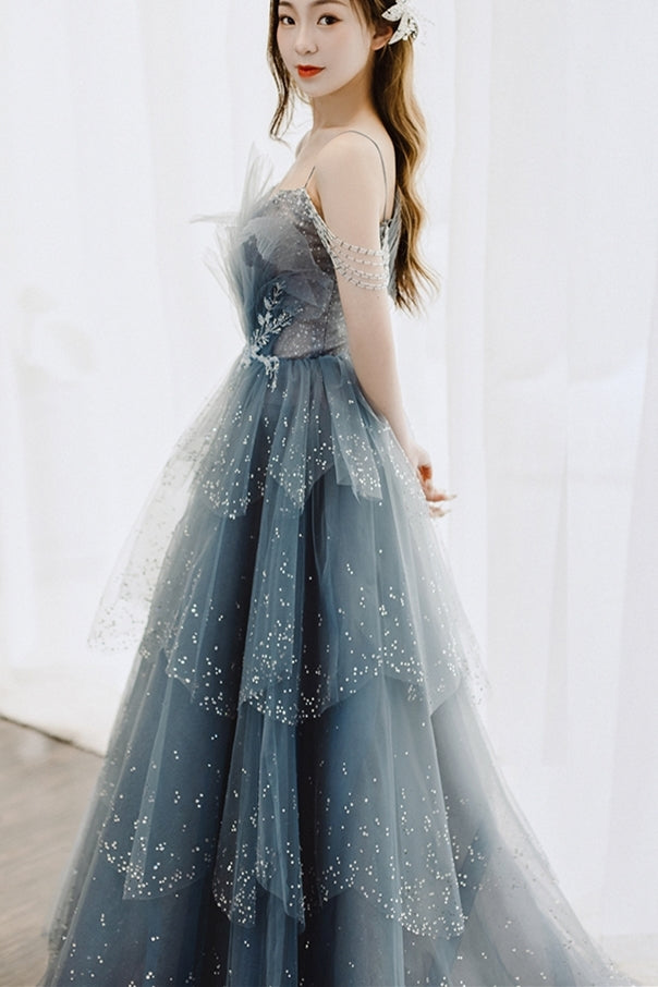 Princess Straps Blue Beaded Layers Long Formal HZ0307