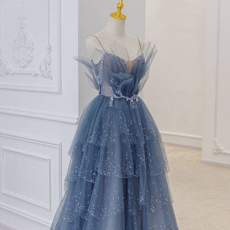 Princess Straps Blue Beaded Layers Long Formal HZ0307