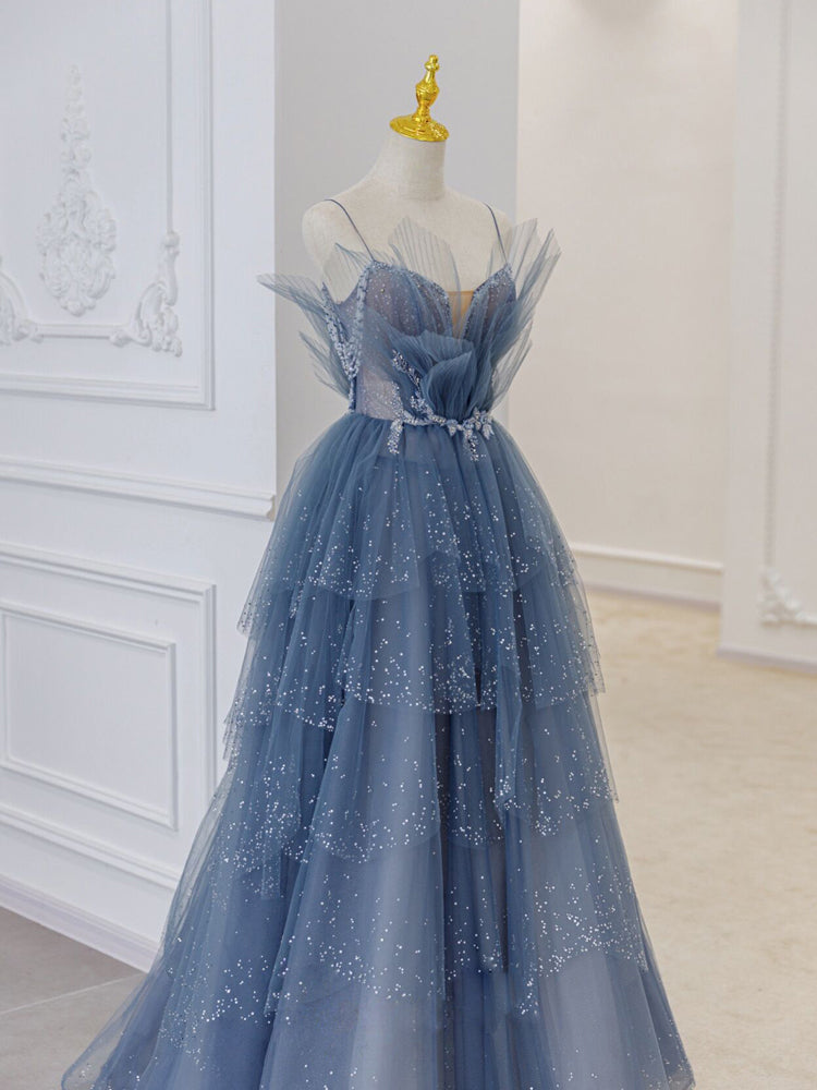Princess Straps Blue Beaded Layers Long Formal HZ0307