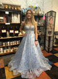 LTP1010,Light blue a-line lace v-neck prom evening dresses beaded long formal HZ0307