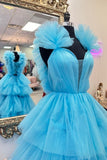 Puffy Blue Tiered Ruffle Tulle Formal HZ0307