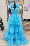 Puffy Blue Tiered Ruffle Tulle Formal HZ0307