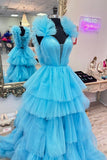 Puffy Blue Tiered Ruffle Tulle Formal HZ0307