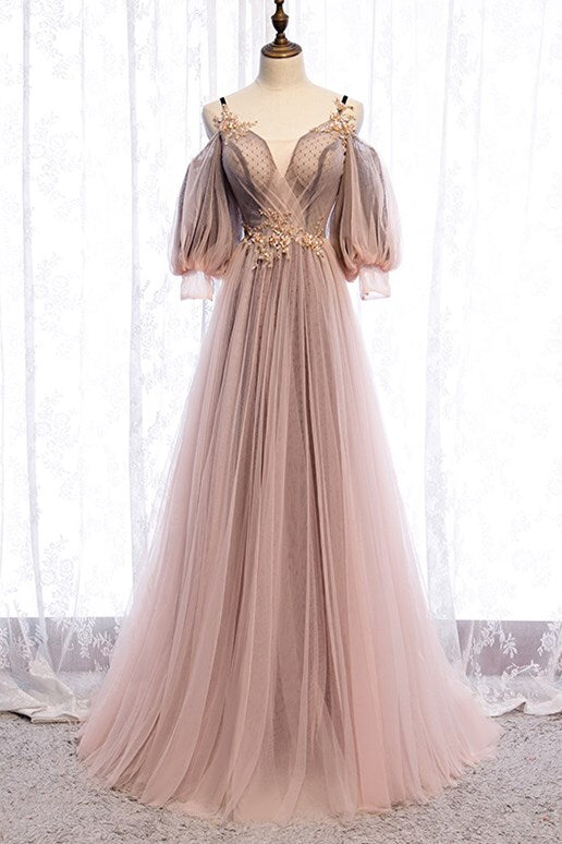 Puffy Sleeves Brown A-line Tulle Long Prom HZ0307