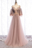 Puffy Sleeves Brown A-line Tulle Long Prom HZ0307