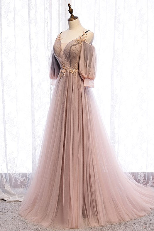 Puffy Sleeves Brown A-line Tulle Long Prom HZ0307