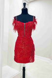Purple Bodycon Sequin Homecoming Dresses Feather Mini Party Gown, HZ0307