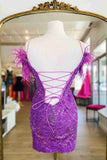 Purple Bodycon Sequin Homecoming Dresses Feather Mini Party Gown, HZ0307