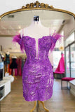 Purple Bodycon Sequin Homecoming Dresses Feather Mini Party Gown, HZ0307