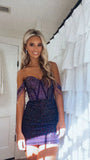 Purple Sequin Homecoming Dresses Off The Shoulder Mini Party Dress With Beaded Tassel HZ0307