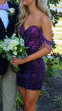 Purple Sequin Homecoming Dresses Off The Shoulder Mini Party Dress With Beaded Tassel HZ0307