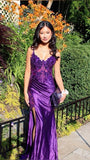 Purple V-Neck Mermaid Prom Dresses Appliques Lace Appliques Party Dress With Side HZ0307