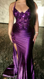 Purple V-Neck Mermaid Prom Dresses Appliques Lace Appliques Party Dress With Side HZ0307