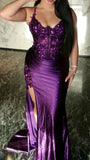 Purple V-Neck Mermaid Prom Dresses Appliques Lace Appliques Party Dress With Side HZ0307