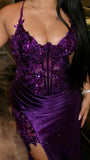 Purple V-Neck Mermaid Prom Dresses Appliques Lace Appliques Party Dress With Side HZ0307