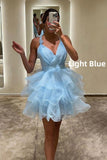 Purple V-Neck Organza Ruffle Homecoming Dresses Mini Party Dress, HZ0307
