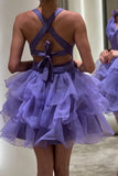 Purple V-Neck Organza Ruffle Homecoming Dresses Mini Party Dress, HZ0307