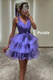 Purple V-Neck Organza Ruffle Homecoming Dresses Mini Party Dress, HZ0307