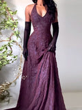Purple Lace Halter Prom Dress Long V-Neck Evening Gown Formal Party HZ0307
