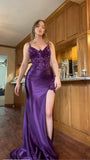 Purple V-Neck Mermaid Prom Dresses Appliques Lace Appliques Party Dress With Side HZ0307