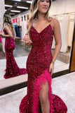 Red Sequins Mermaid Prom Dress, Long Evening Dress With Feather HZ0307