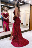 Red Sequins Mermaid Prom Dress, Long Evening Dress With Feather HZ0307