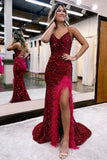 Red Sequins Mermaid Prom Dress, Long Evening Dress With Feather HZ0307