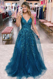 Sparkle A-Line Lace V-Neck Long Evening Prom HZ0307