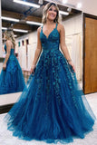 Sparkle A-Line Lace V-Neck Long Evening Prom HZ0307