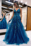 Sparkle A-Line Lace V-Neck Long Evening Prom HZ0307