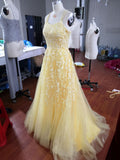 Hot Yellow tulle lace long prom dress party HZ0307