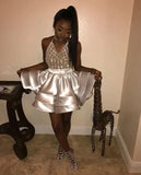 LTP1354,Silver Ball Gown Satin Mini Short Homecoming Dresses Halter Tiered Simple Black Girl African Girl Short Prom Dresses Cocktail HZ0307