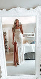 LTP1348,Simple white prom dress, modest slit evening dresses, lace wedding HZ0307
