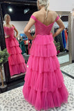 LTP1346,Shiny Tulle Off Shoulder Layered Hot Pink/Navy Blue Long Prom Dresses, Hot Pink/Navy Blue Tulle Formal Evening HZ0307