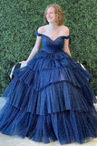 LTP1346,Shiny Tulle Off Shoulder Layered Hot Pink/Navy Blue Long Prom Dresses, Hot Pink/Navy Blue Tulle Formal Evening HZ0307