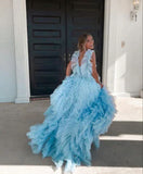 LTP1232,Princess Light Blue Ruffles Prom Dresses,Backless Evening Dresses,Formal HZ0307