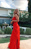 LTP1240,Red Ruffles Long Formal Dress,Spaghetti Straps Elegant Evening HZ0307