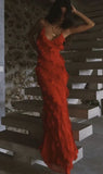 LTP1240,Red Ruffles Long Formal Dress,Spaghetti Straps Elegant Evening HZ0307