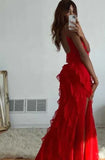 LTP1240,Red Ruffles Long Formal Dress,Spaghetti Straps Elegant Evening HZ0307