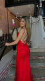 Red Beaded Lace Mermaid Prom Dress with Spaghetti Straps, V Neck & Lace-Up Open Back HZ0307