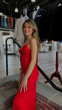 Red Beaded Lace Mermaid Prom Dress with Spaghetti Straps, V Neck & Lace-Up Open Back HZ0307