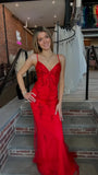 Red Beaded Lace Mermaid Prom Dress with Spaghetti Straps, V Neck & Lace-Up Open Back HZ0307