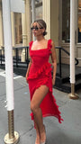Red Chiffon Party Dresses Sexy Prom Dress Ruffle Slit HZ0307